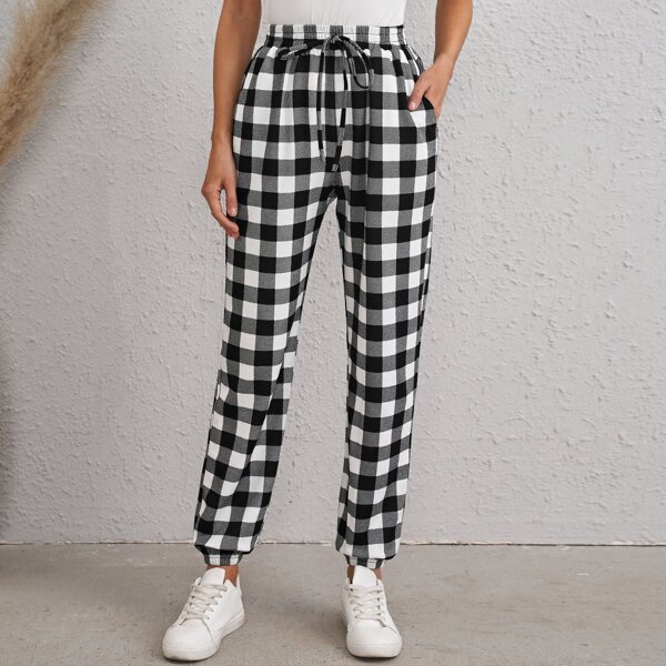 

Knot Waist Buffalo Plaid Pants, Black and white