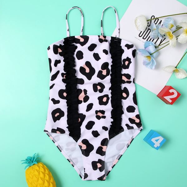 

Girls Leopard Ruffle One Piece Swimsuit, Multicolor