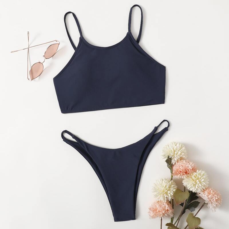 

Solid High Cut Bikini Swimsuit, Navy blue