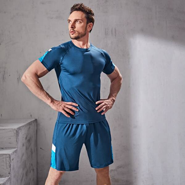 

Men Letter Graphic Raglan Sleeve Sports Tee With Shorts, Blue