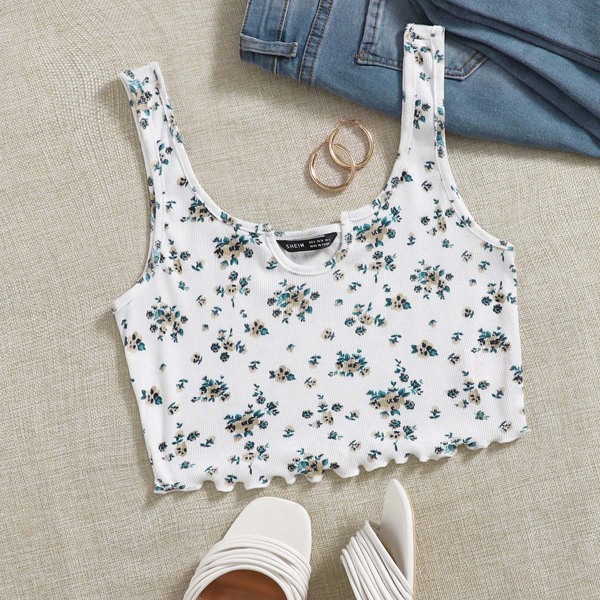 

Notched Neck Ditsy Floral Tank Top, White