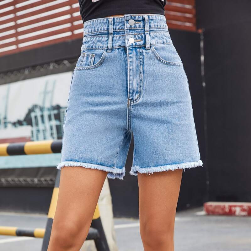 

High Waisted Raw Hem Denim Shorts, Light wash