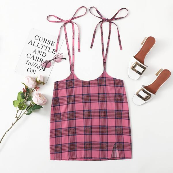 

Knotted Shoulder Tartan Dress, Pink
