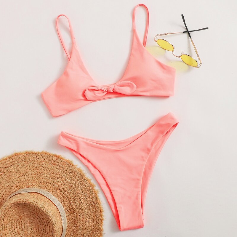 

Knot High Cut Bikini Swimsuit, Coral orange
