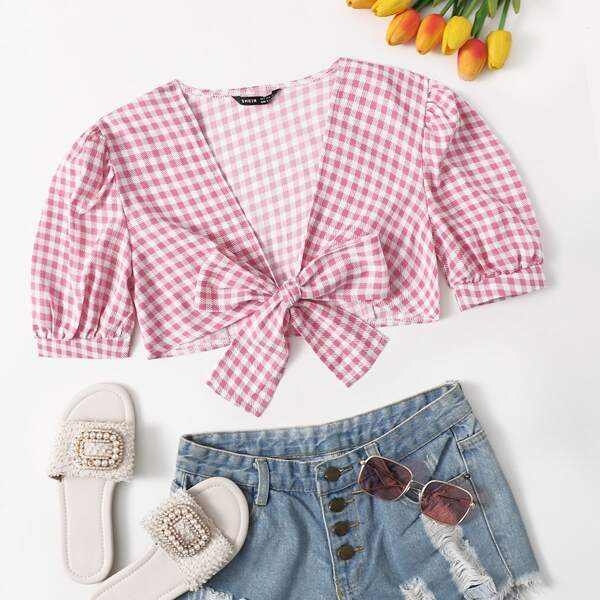 

Puff Sleeve Knotted Gingham Top, Dusty pink