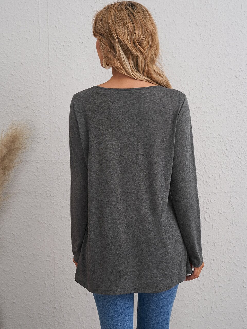 Women's Button Decor Scalloped Hem Long Sleeve Casual T-Shirt Fall Shirts Winter Tops Women Tops