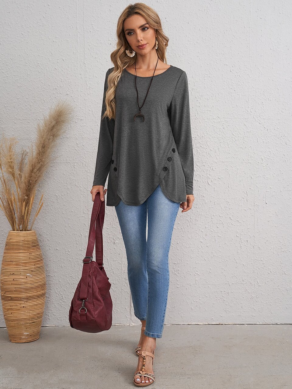 Women's Button Decor Scalloped Hem Long Sleeve Casual T-Shirt Fall Shirts Winter Tops Women Tops