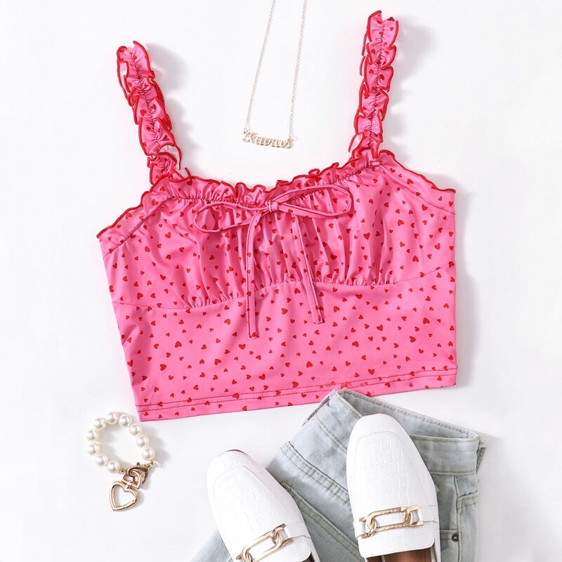 

Ruched Bust Allover Heart Print Top, Pink