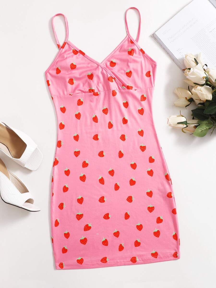 Soleia Wrap Detail Strawberry Bodycon Dress - Pink - View 1
