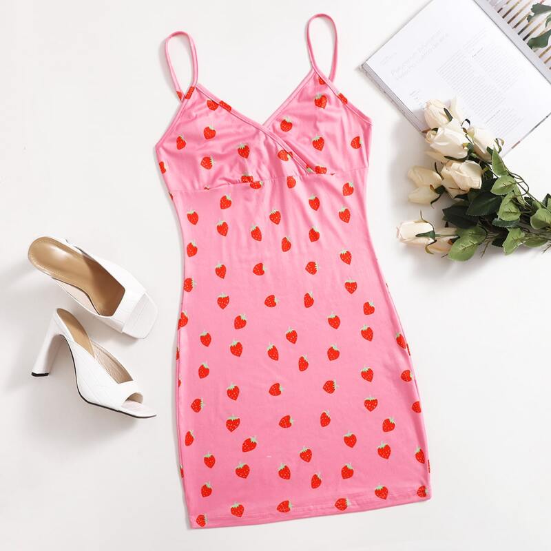 

Wrap Detail Strawberry Bodycon Dress, Pink