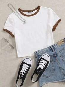 SHEIN EZwear 圓領鑲邊T恤 - 白色 - 查看 1