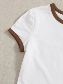SHEIN EZwear 圓領鑲邊T恤 - 白色 - 查看 3