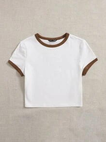 SHEIN EZwear 圓領鑲邊T恤 - 白色 - 查看 5
