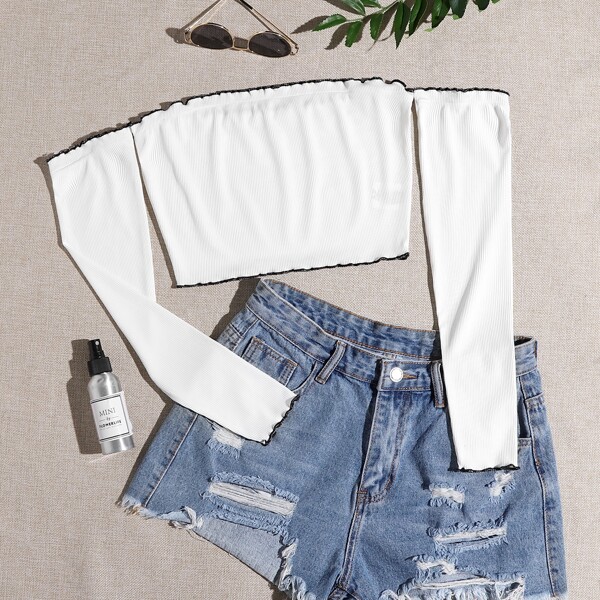 

Contrast Trim Bardot Top, White