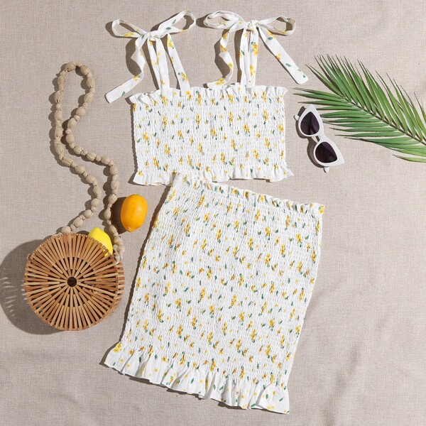 

Ditsy Floral Shirred Cami Top & Ruffle Hem Skirt, White
