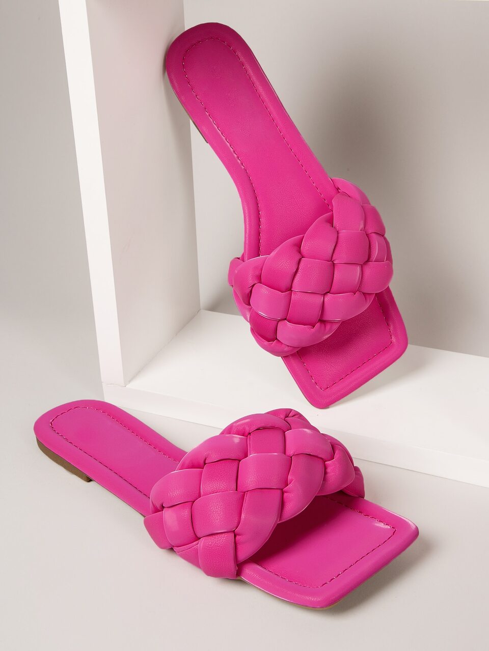 Faux Leather Square Toe Basketwoven Sandals