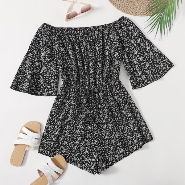 

Flounce Sleeve Ditsy Floral Romper, Black and white