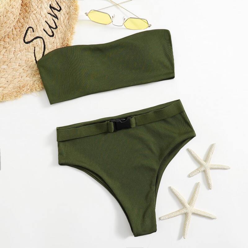 

Solid Buckle High Waist Bikini Swimsuit, Army green