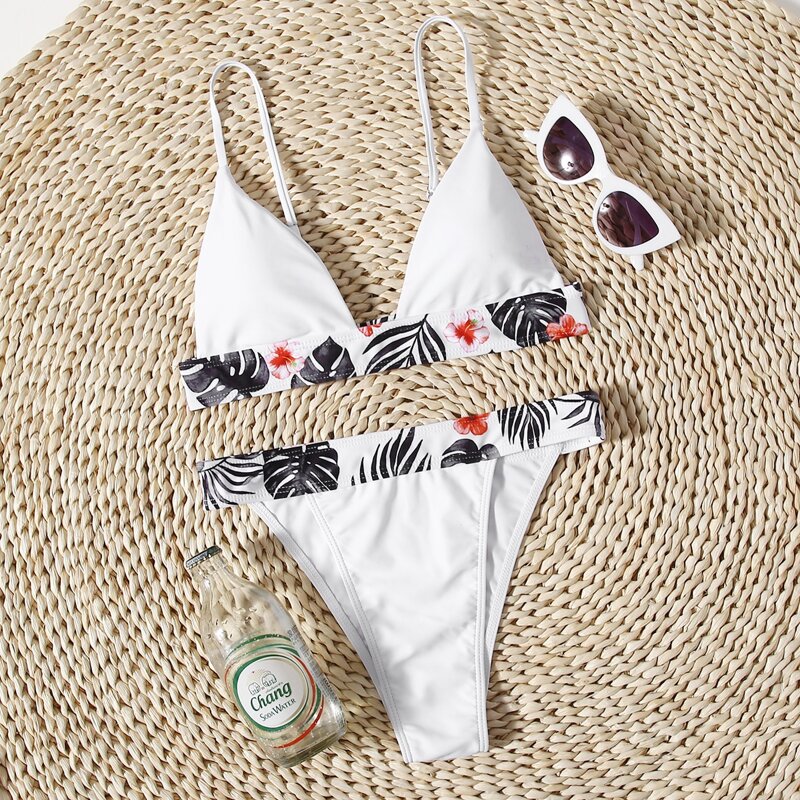 

Tropical Binding Triangle Bikini Swimsuit, White