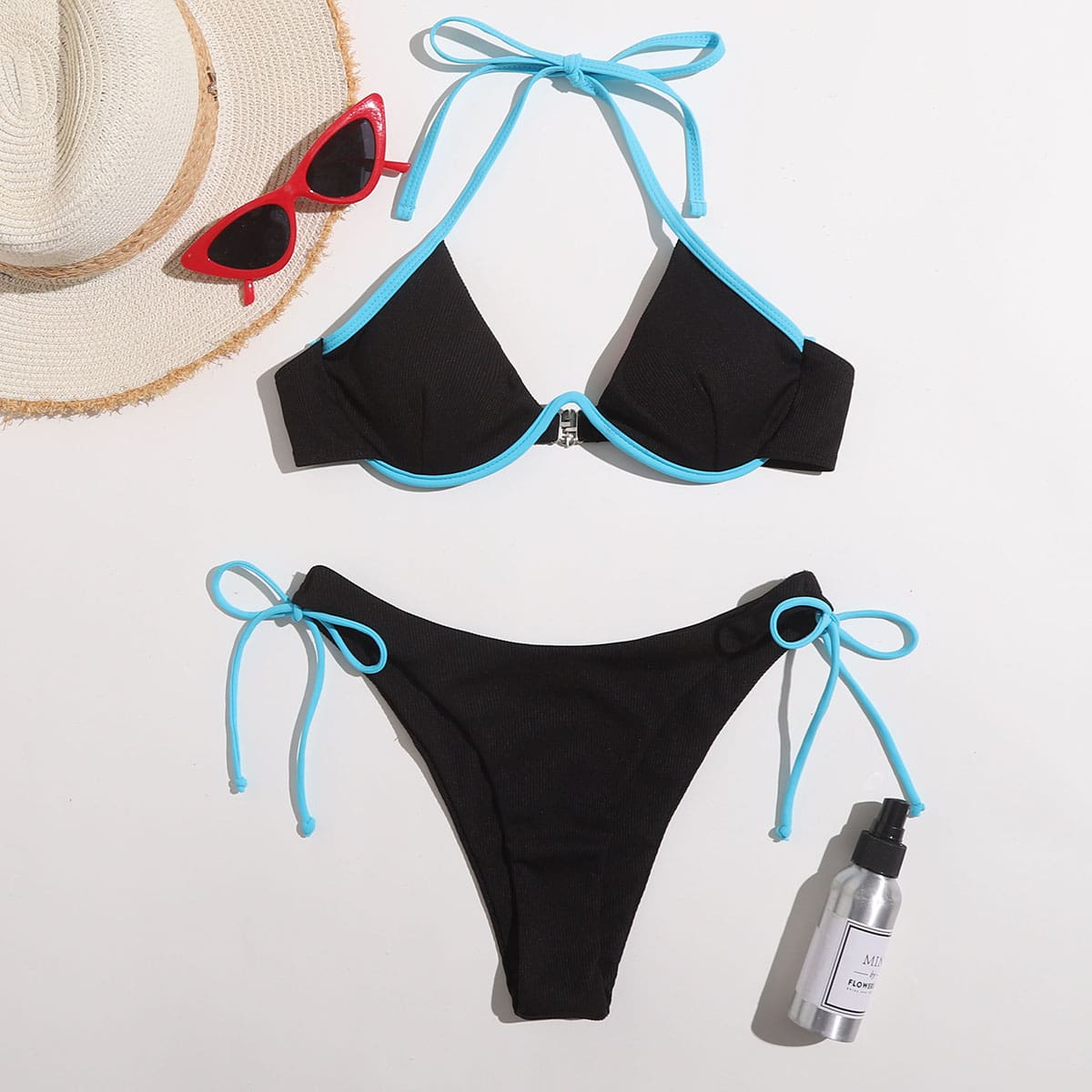 

Contrast Binding Tie Side Bikini Swimsuit, Black