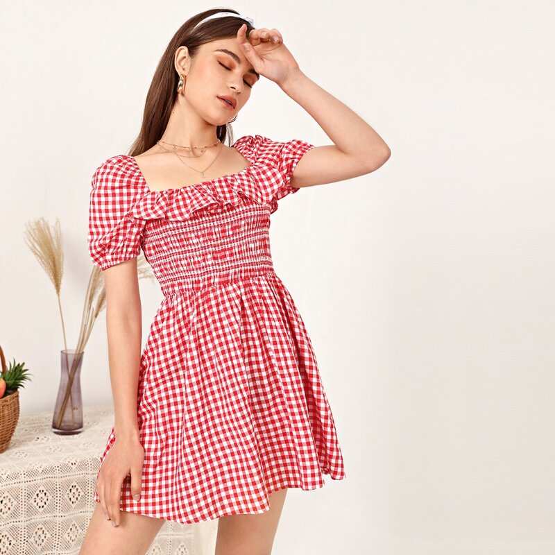 

Square Neck Shirred Detail Buffalo Plaid Dress, Red and white