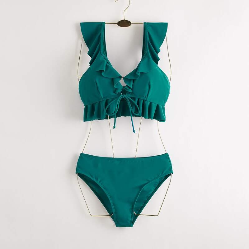 

Ruffle Tie Front Bikini Swimsuit, Teal blue