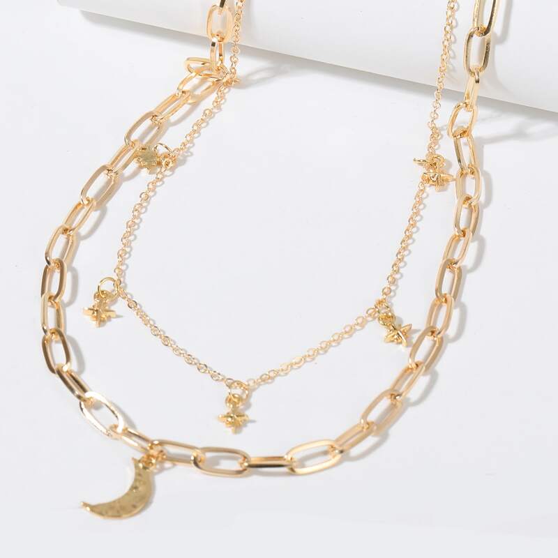 

Guys Moon Charm Layered Necklace, Gold