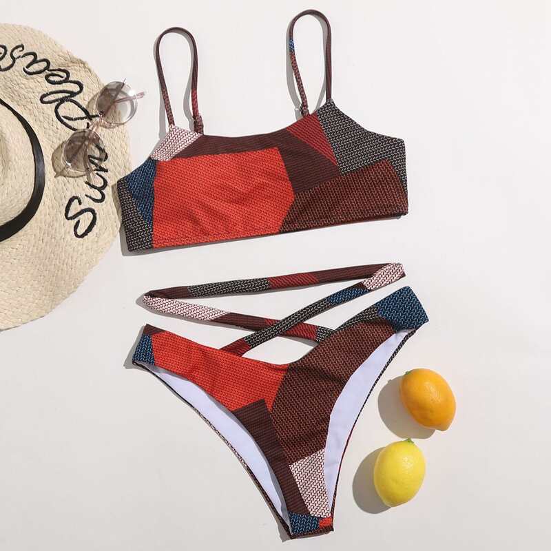 

Colorblock Criss Cross High Cut Bikini Swimsuit, Multicolor