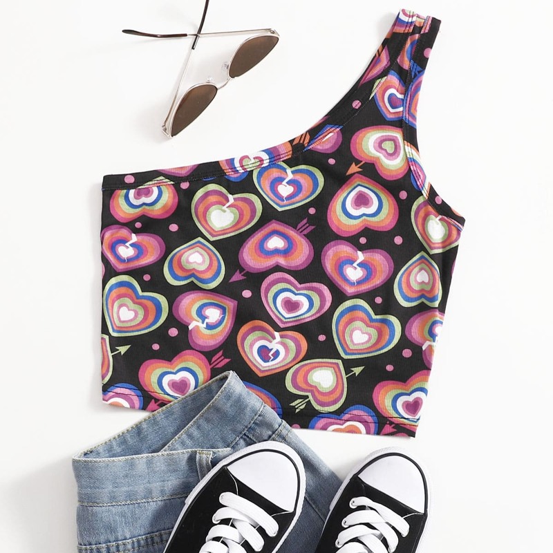 

Allover Heart Print One Shoulder Top, Multicolor