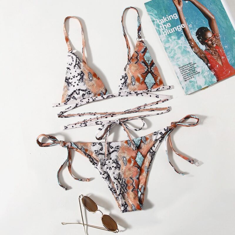 

Snakeskin Print Criss Cross Triangle Bikini Swimsuit, Multicolor