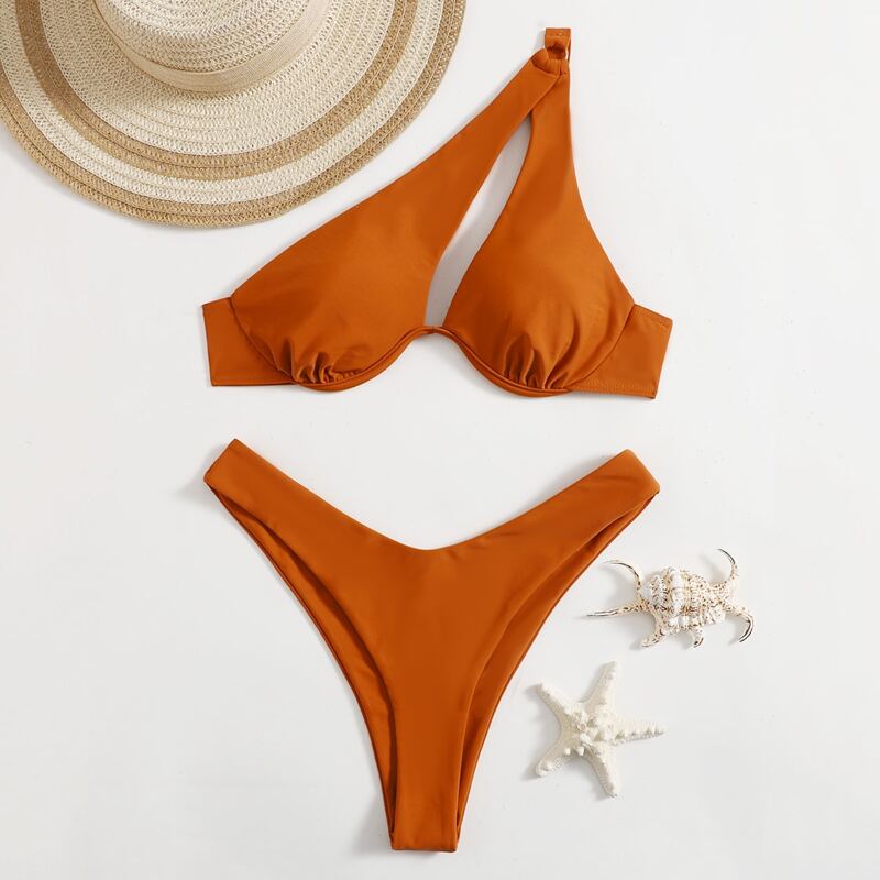 

Asymmetrical Neck High Cut Bikini Swimsuit, Burnt orange