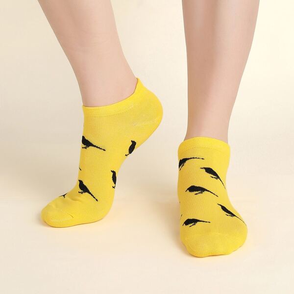 

4pairs Bird Print Ankle Socks, Multicolor