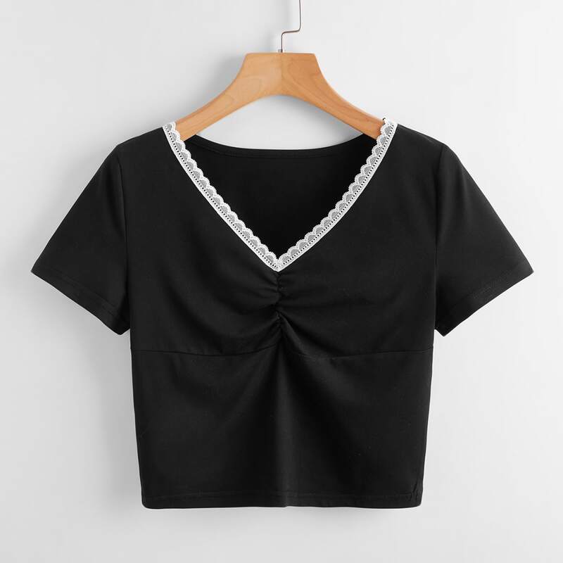 

Contrast Lace Ruched Crop Tee, Black