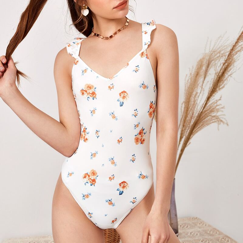 

Crisscross Back Ruffle Detail Floral Print Bodysuit, White