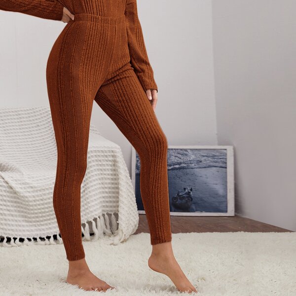 

Solid Rib-knit High Waist Lounge Pants, Burnt orange