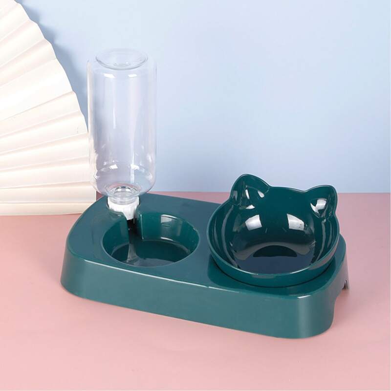 

1set Pet Bowl With Drinking Bottle, Dark green