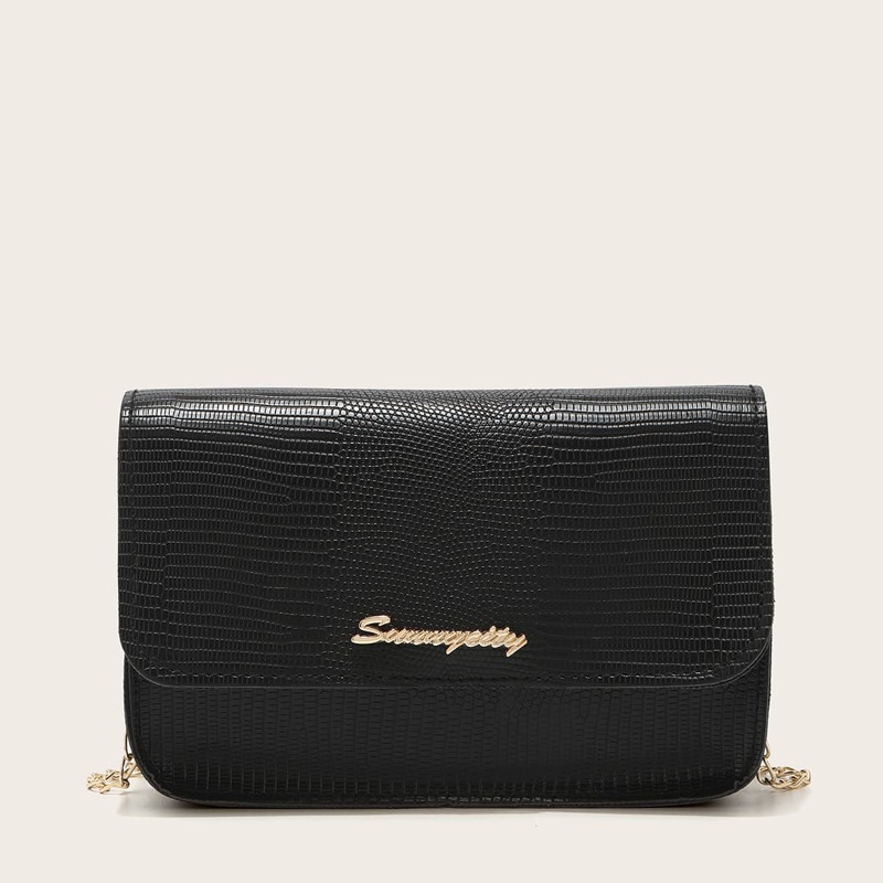 

Lizard Embossed Chain Crossbody Bag, Black