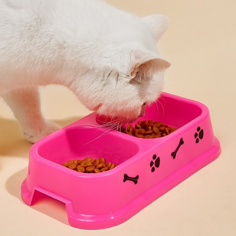 

1pc Bone Print Double Pet Bowl, Hot pink