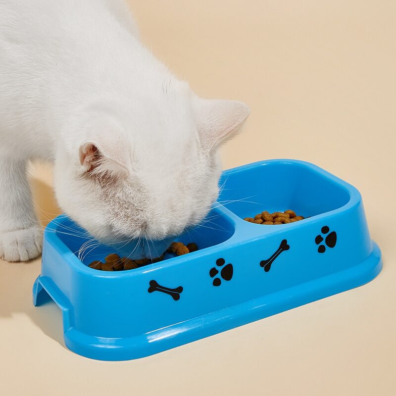 

1pc Bone Print Double Pet Bowl, Blue