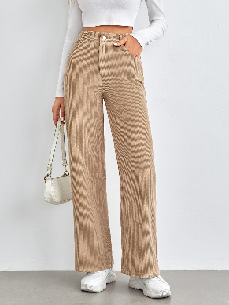 SHEIN Corduroy Wide Leg Trousers - Khaki - View 1