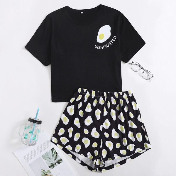 

Letter And Egg Print Pajama Set, Multicolor