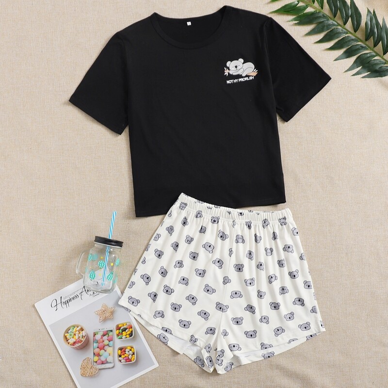 

Koala Print Pajama Set, Black and white