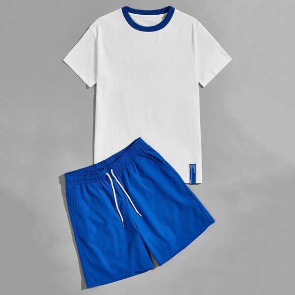 

Men Patched Tee & Drawstring Waist Track Shorts, Blue and white