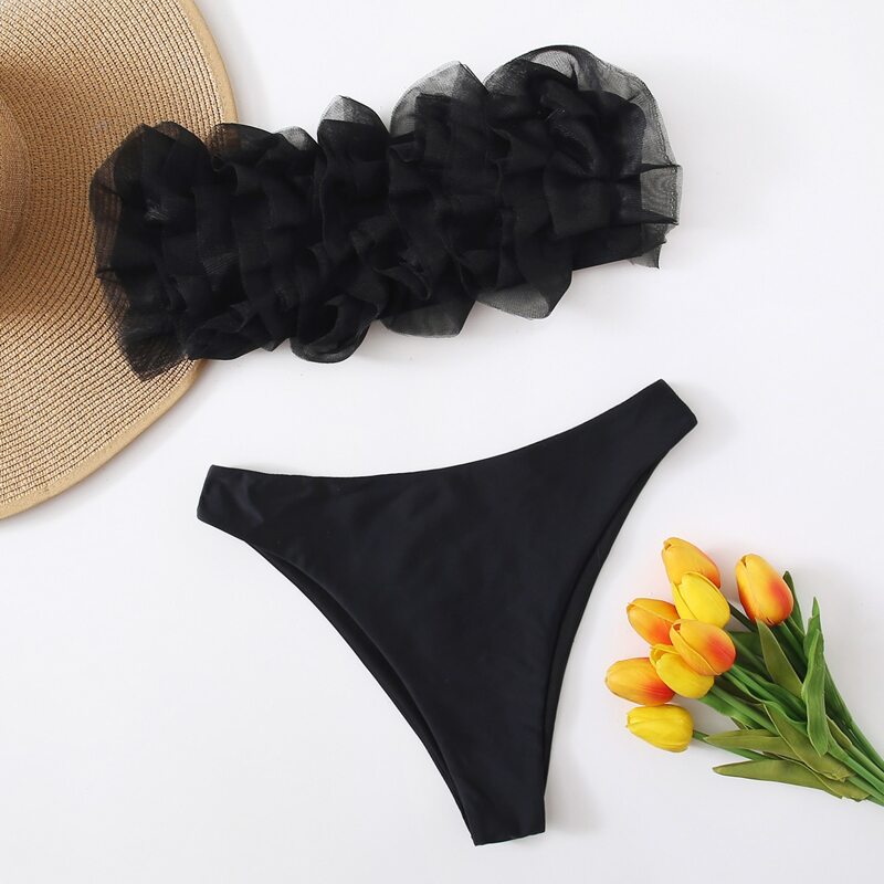 

Contrast Mesh Bandeau Bikini Swimsuit, Black