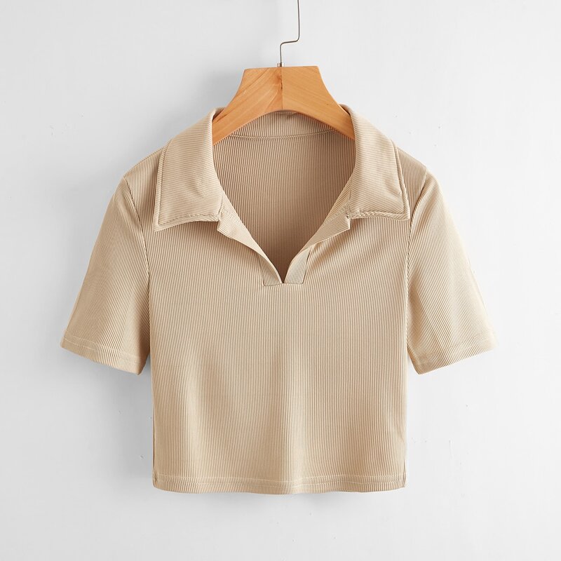 

Collar Ribbed Crop Top, Khaki