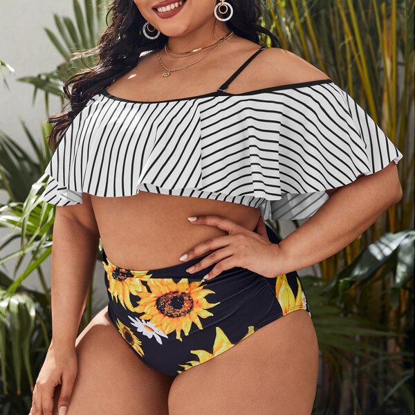 

Plus Striped & Sunflower Print Ruffle Bikini Swimsuit, Multicolor
