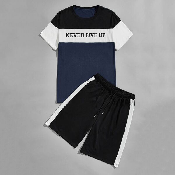 

Men Color-block Slogan Graphic Tee & Track Shorts, Multicolor