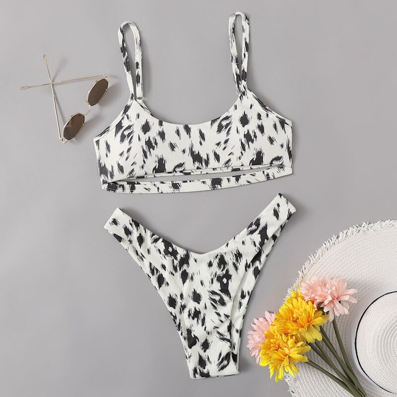 

Allover Print High Leg Bikini Swimsuit, Black and white