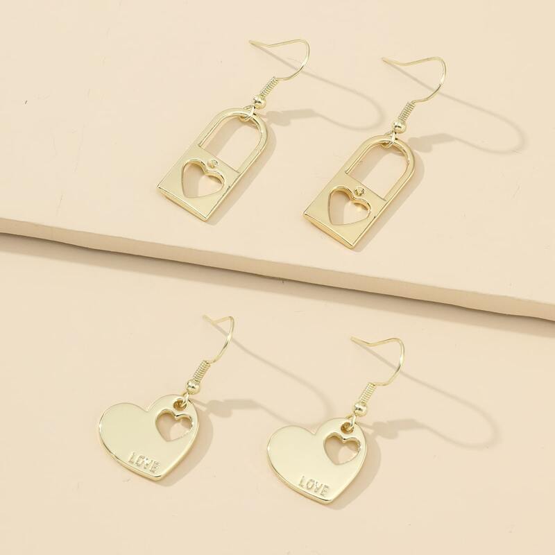 

2pairs Lock & Heart Drop Earrings, Gold