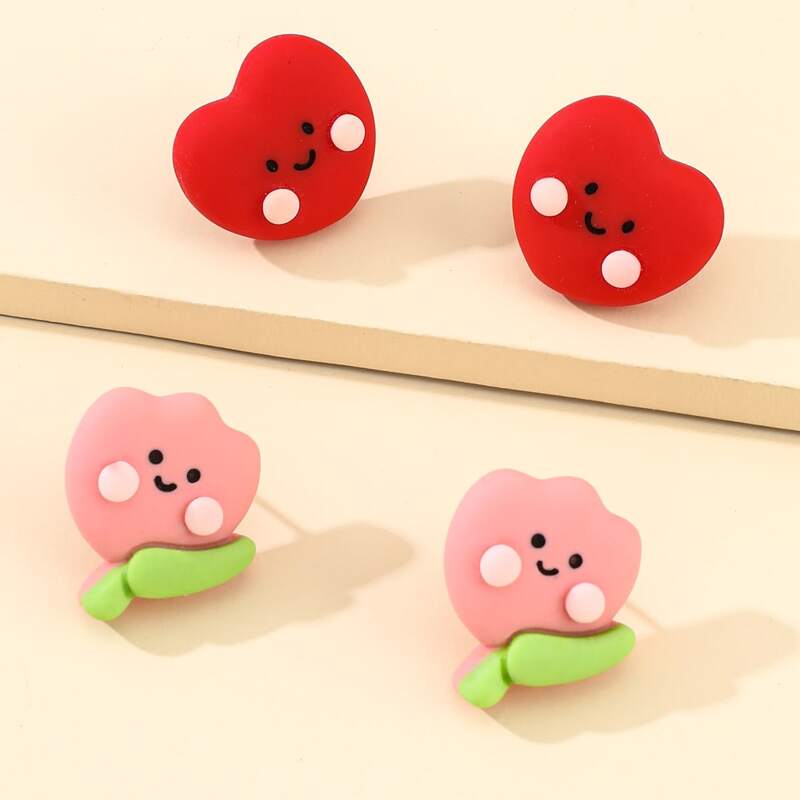 

2pairs Heart Stud Earrings, Multicolor